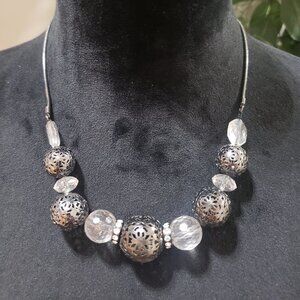 Nine West Chunky Silver Tone Filigree Look Ball Clear Rhinestone Collar Necklace